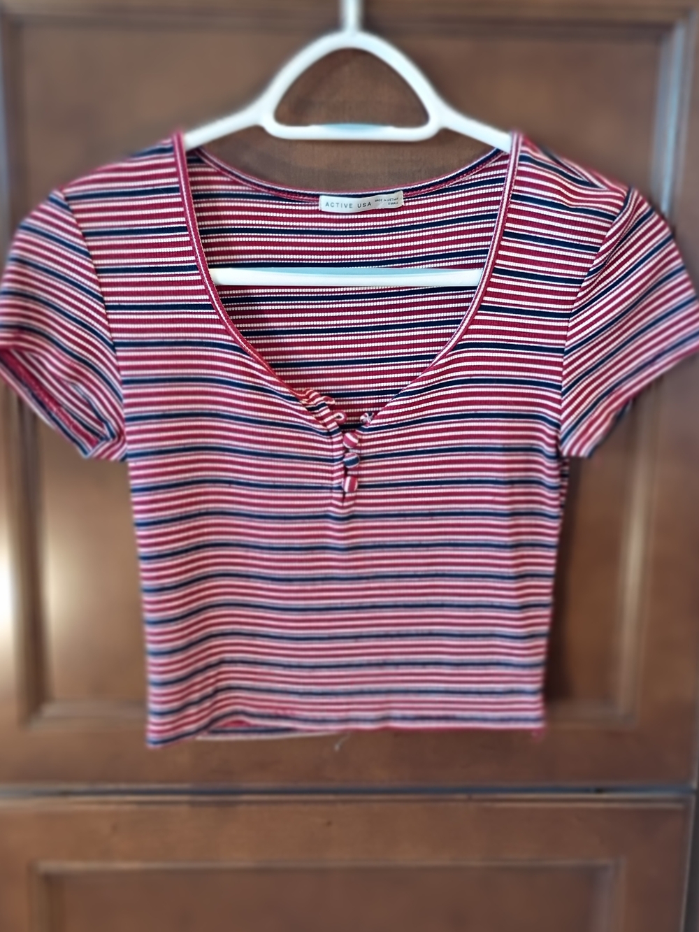ACTIVE USA Pink Striped Short-Sleeve Henley Crop Top